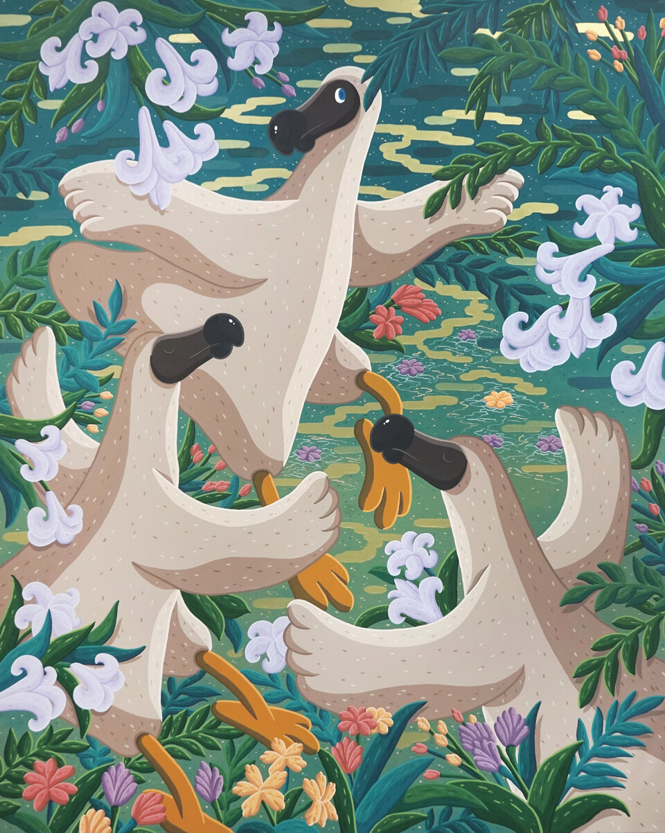 〈Lily, Flower, Dance, Dodo〉, 163x130cm, gouache on canvas, 2024